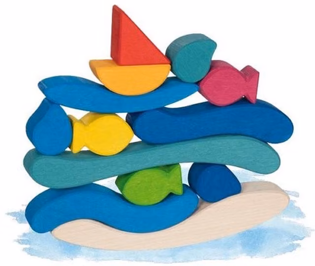 Goki Building Bricks Water World Blue and Multicolour Wooden Stacking Toy