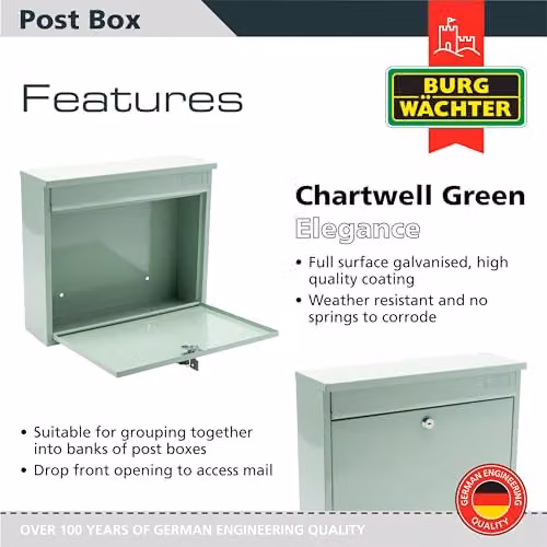 Burg-Wächter MB02CG Elegance Wall Mounted Lockable Weatherproof Post Box, Galvanised Steel, Green, W: 36 cm, H: 31 cm, D: 10 cm – 2
