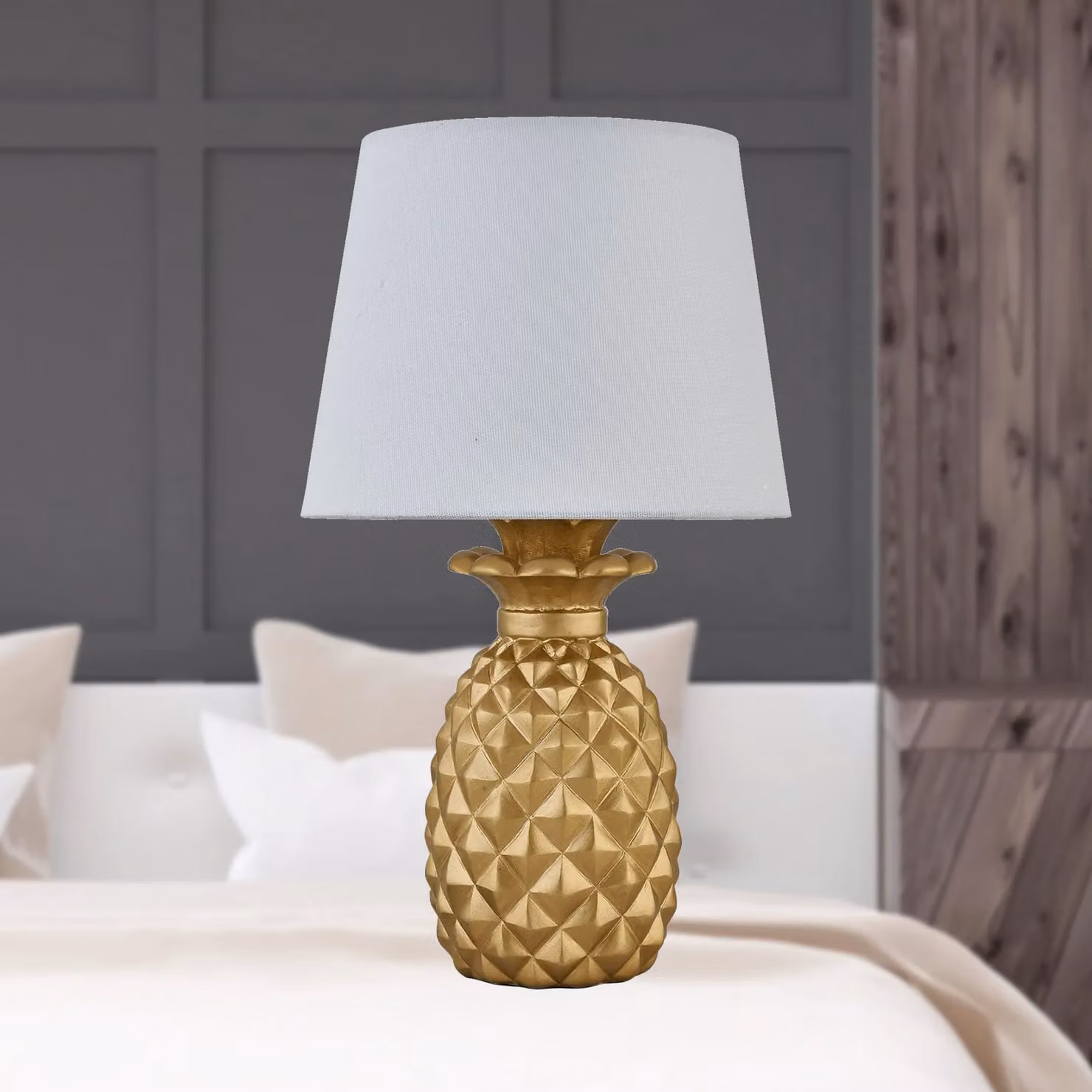 First Choice Lighting Set of 2 Pineapple Gold Resin Table Lamps with White Fabric Shades – 3