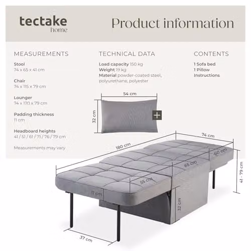 tectake 4-in-1 Folding Chair, Day Bed, Lounger and Footstool with Metal Frame and Foam Padding in Grey – 3