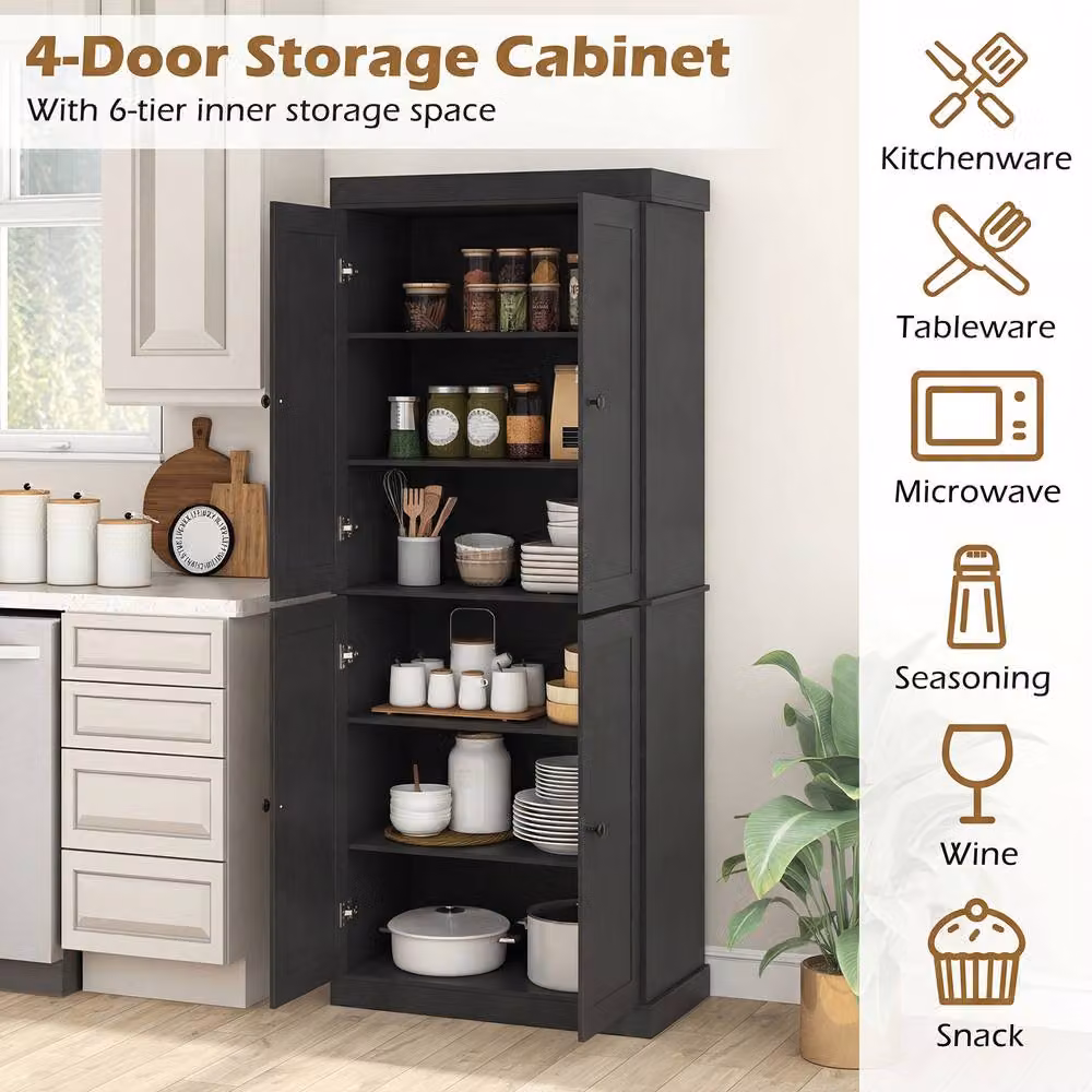 Gymax 4-Door Tall Kitchen Pantry Cabinet, Black Freestanding Storage Unit, Height: 185 cm – 3