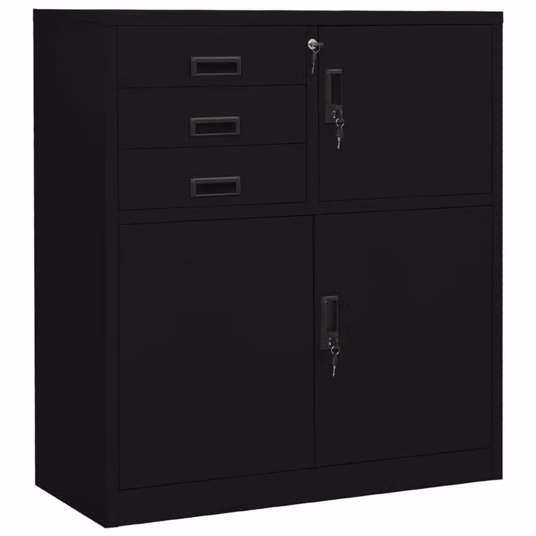 Berkfield Modern Black Steel Home Office Cabinet with Hinged Doors and Internal Drawers W/D/H: 90 x 40 x 102 cm