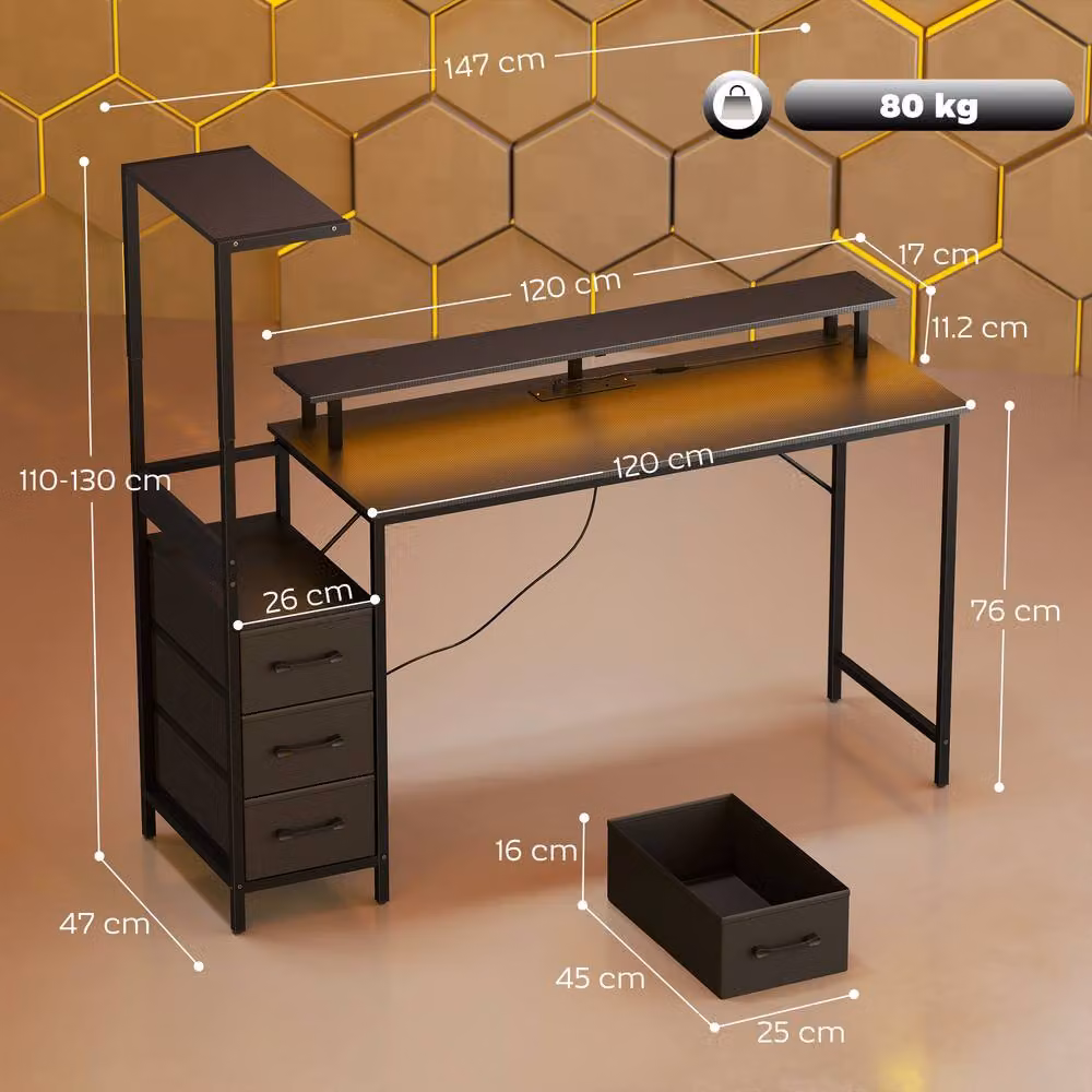 STILVORA Black Gaming Desk with RGB Lights and 3 Drawers – 2