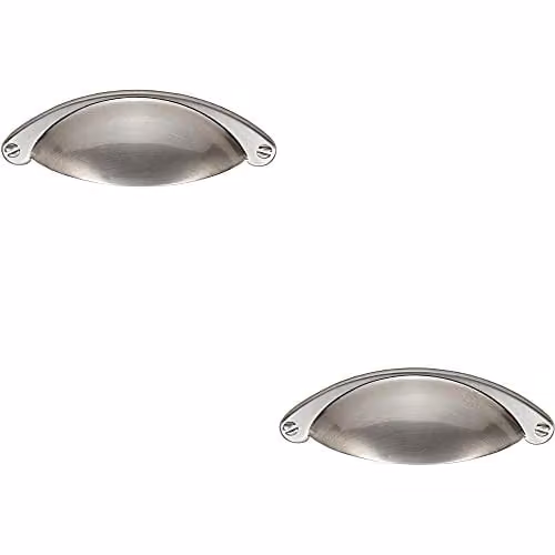Loops 2 Pack Traditional Cup Pull Handle in Brushed Silver Nickel Plated, W: 10.4 cm, H: 2.6 cm, Fixing Centres: 6.4 cm