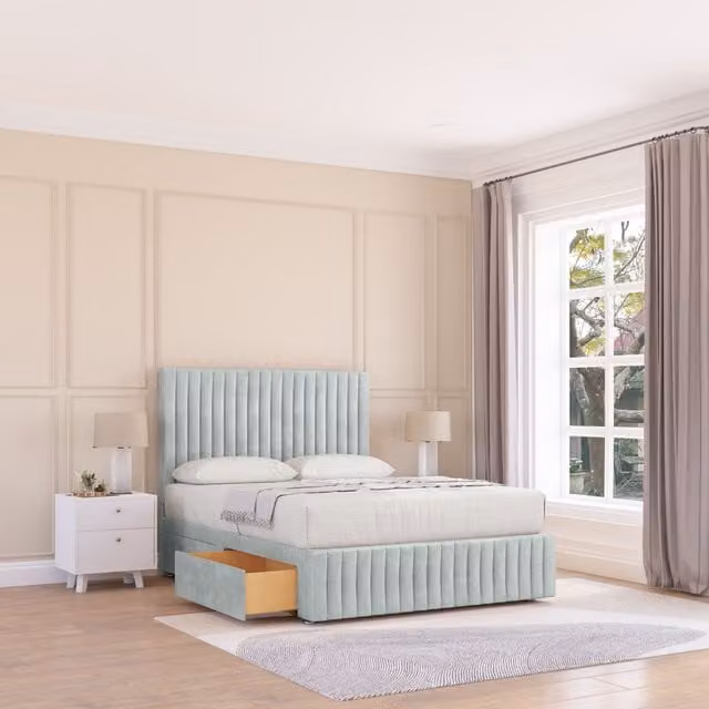 Sloomy Madison Upholstered Divan Bed Base with 2 Drawers, 12 inch Footboard and 26 inch Struts Headboard, Silver, W/D/H: 200 x 200 cm