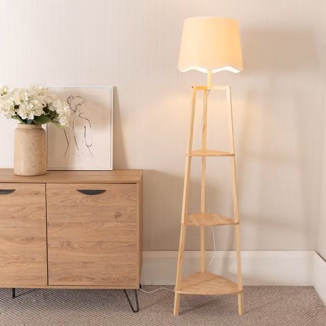 ValueLights Hiru Three Tier Wooden Floor Lamp with Scallop Shade in White