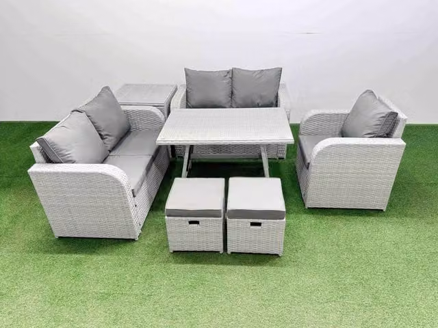 Fimous 7 Seater Rattan Garden Furniture Set with Love Sofa and Reclining Chairs in Light Grey