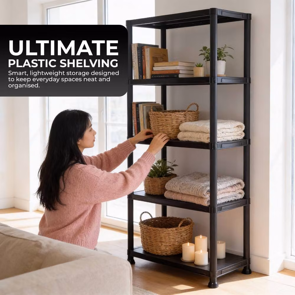 Crystals 5 Tier Plastic Freestanding Storage Unit and Garage Organiser Rack in Black, W: 60 cm, H: 173 cm, D: 40 cm – 5