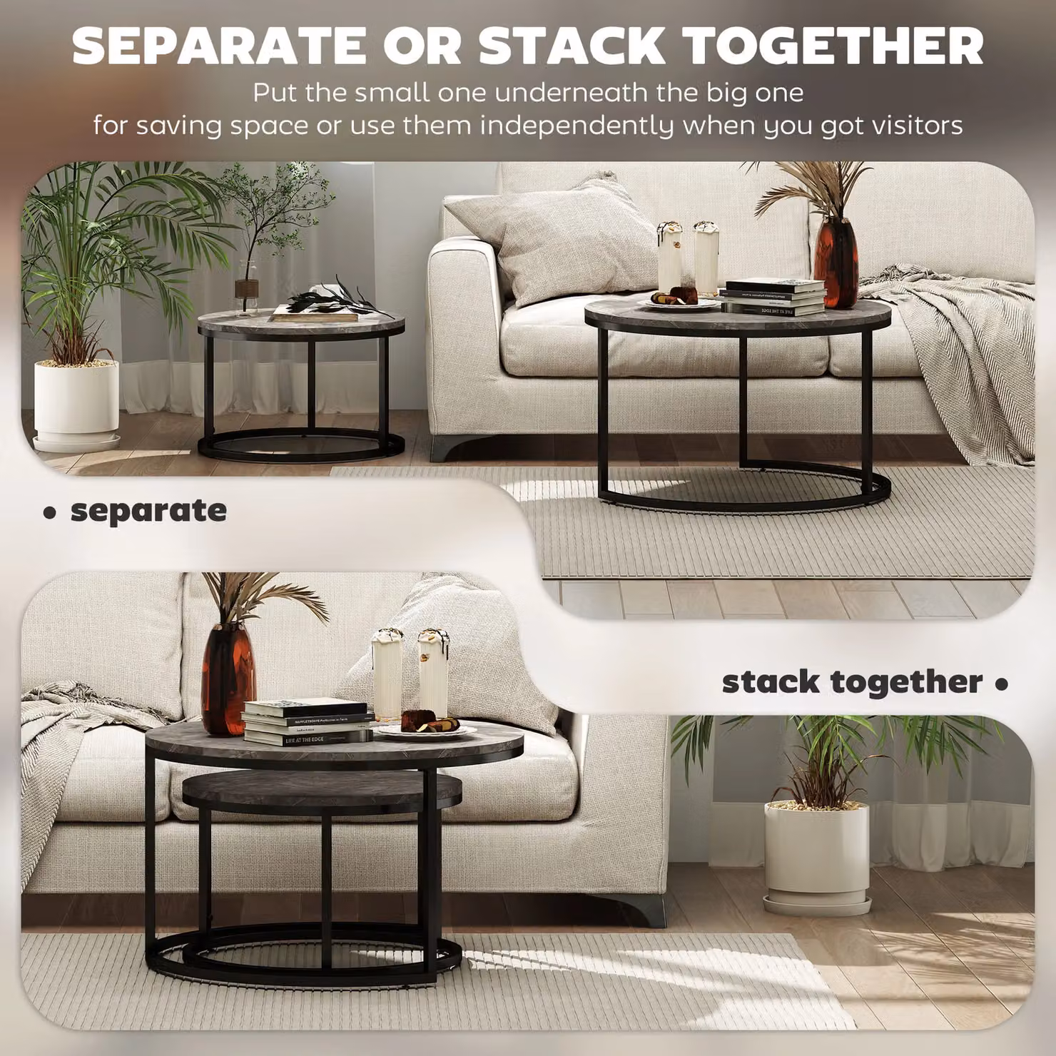 HOMCOM 2 Piece Nested Stacking Coffee Table Set with Dark Grey Marble-Effect Composite Tops and Steel Frame – 5