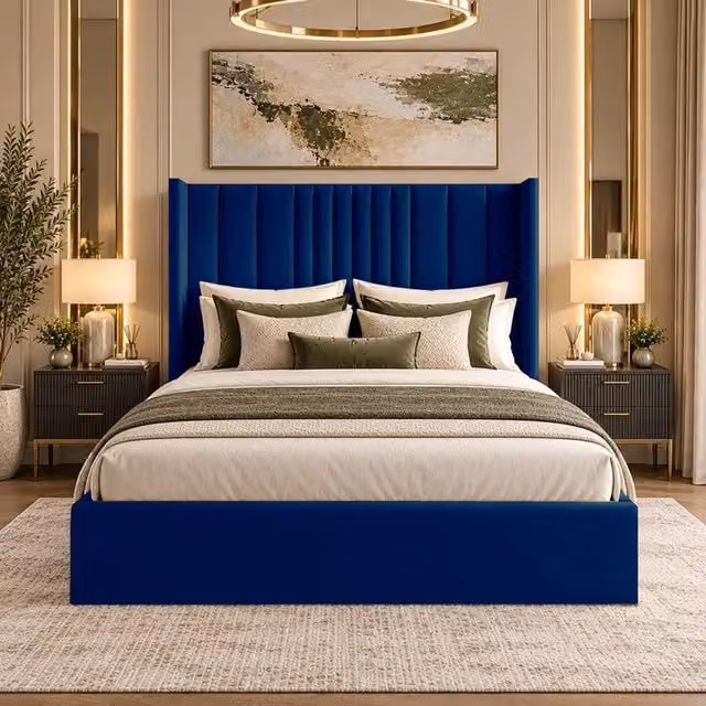 Desire Deco Adeline Upholstered Wingback Bed Frame in Blue Velvet, Size: King (180 x 200 cm) – 1