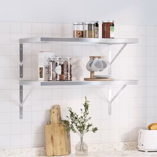 Berkfield Home Wall Mounted Metal Shelves, 2 Pack, Silver Stainless Steel, W: 75 cm, D: 40 cm, H: 3 cm