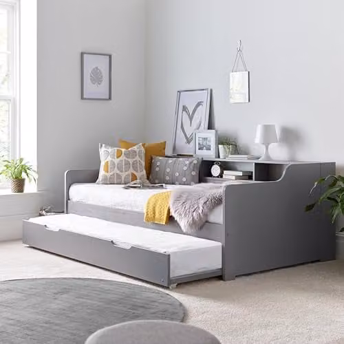 Bedmaster Tyler Single Wooden Day Bed with Storage Trundle and Pocket Sprung Mattresses in Grey