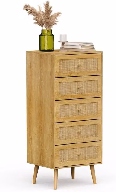Havendro Tall Chest of Drawers in Brown with Natural Rattan and Gold Accents, W/D/H: 40 x 48 x 113.5 cm