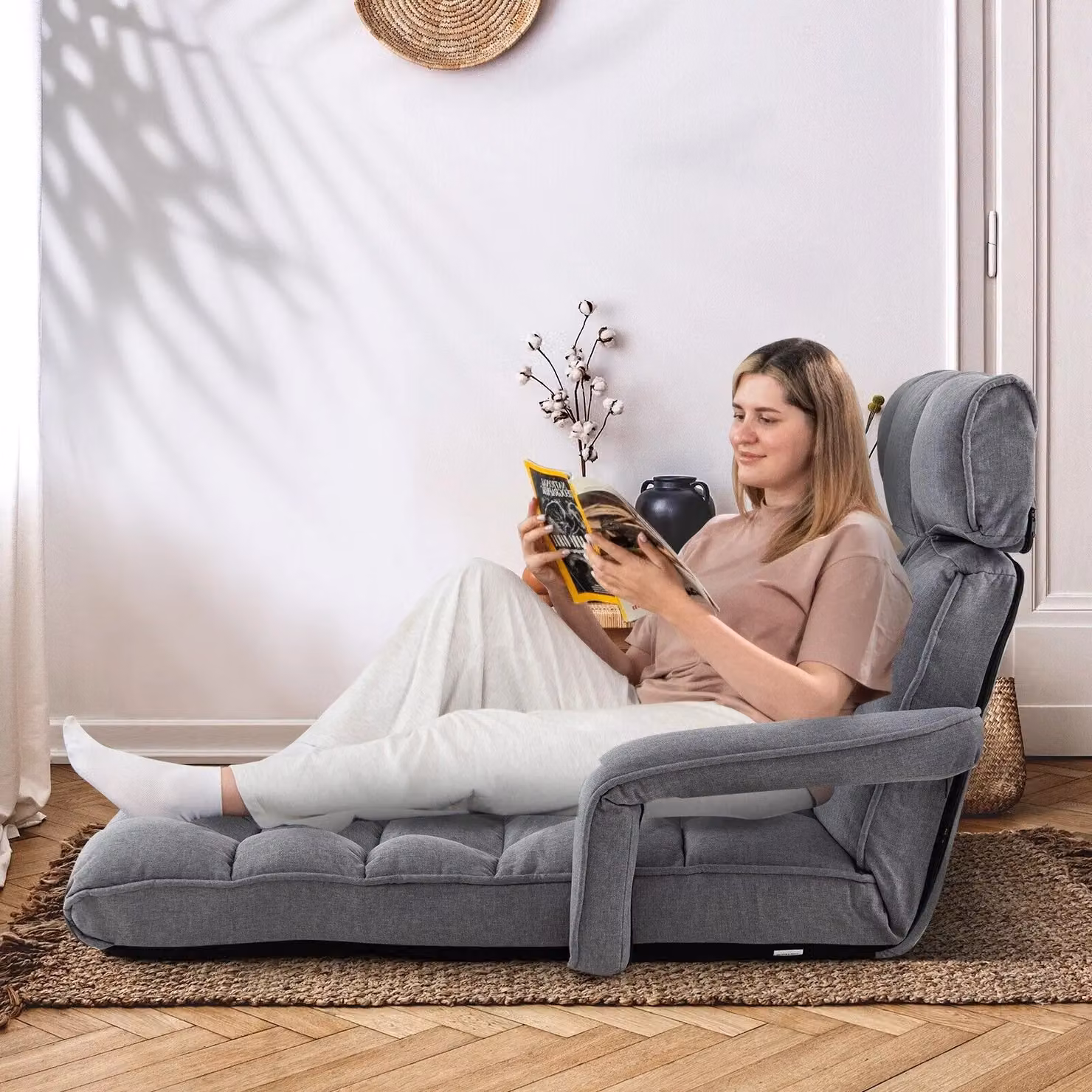 Costway Grey Folding Sofa Chair with Armrests and 6 Adjustable Positions – 4