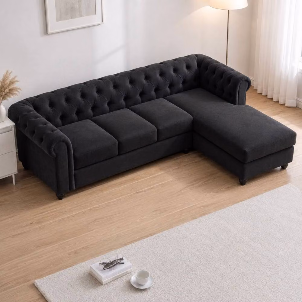 Sofaya Hampton 4 Seater L Shape Chesterfield Sofa in Black Velvet with Right Hand Chaise – 2