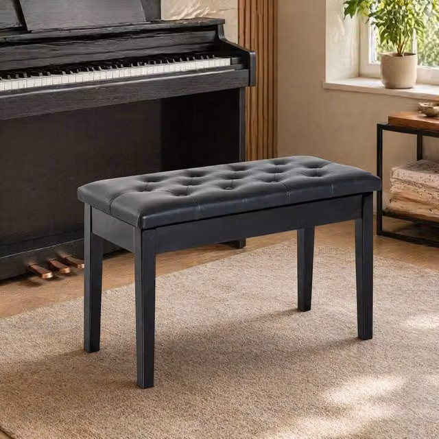 STILVORA Piano Stool with Storage in Black Synthetic Leather and Rubberwood – 1