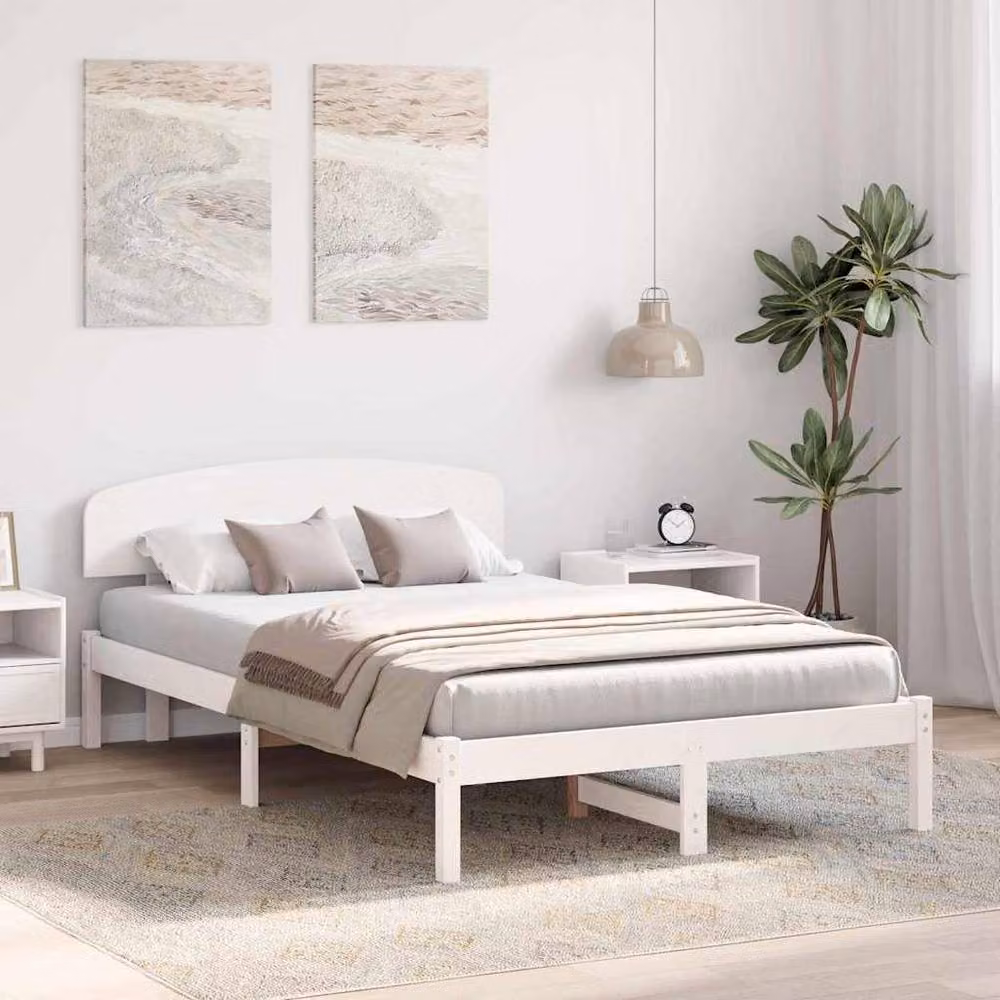 Berkfield Home White Solid Wood Pine Bed Frame with Headboard W/D/H: 140 x 190 x 74 cm – 2