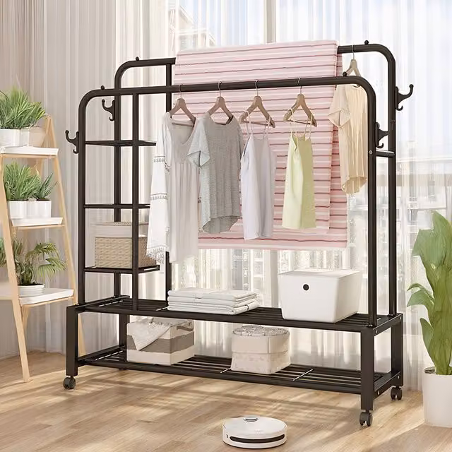 Livingandhome Modern Double-Rail Metal Clothes Rack with Bottom and Side Shelves in Matt Black