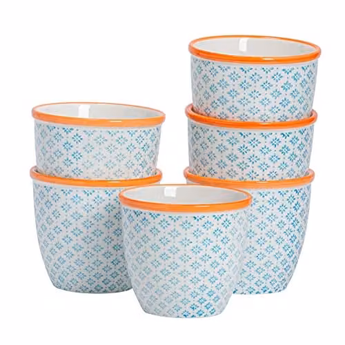 Nicola Spring Hand Printed Floral Ceramic Plant Pots in Blue and Orange, Pack of 6, W/D/H: 14 x 14 x 12.5 cm