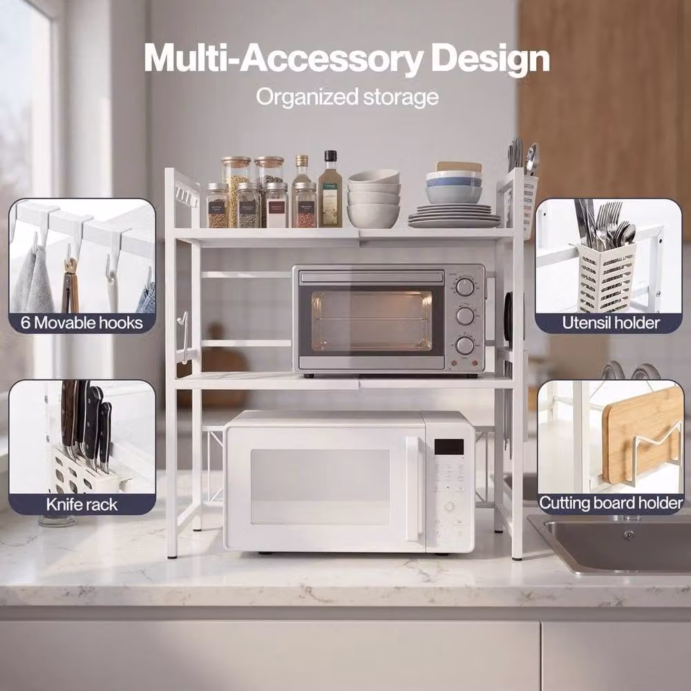 KORVIXA 3 Tier Expandable Microwave Oven Rack Stand in White with Adjustable Shelves, W: 80 cm, D: 60 cm – 3