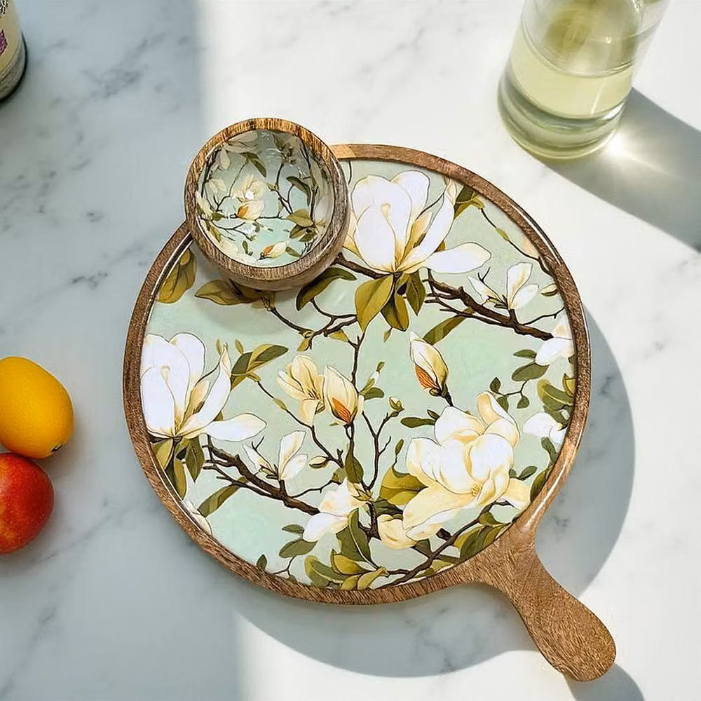 Hartsmede Round Charcuterie Board with Dip Bowl in Green Floral Snowbell Design – 2