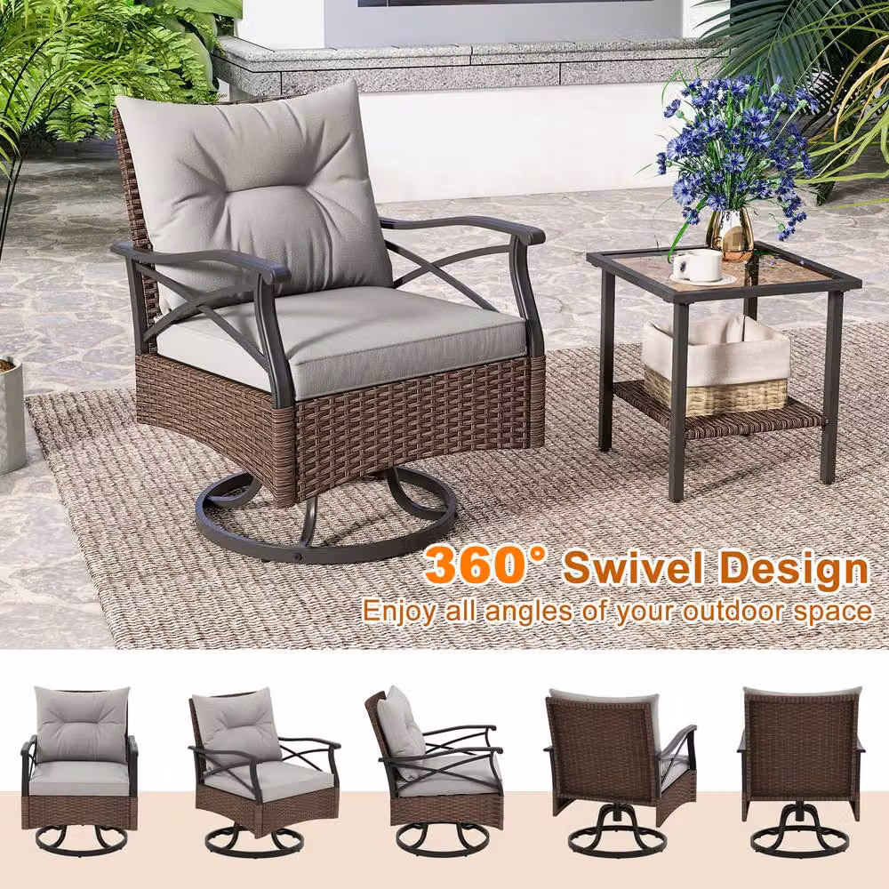 Gymax Brown Polyrattan Patio Swivel Rocker Set with 3 Upholstered Armchairs and 2-Tier Coffee Table – 4