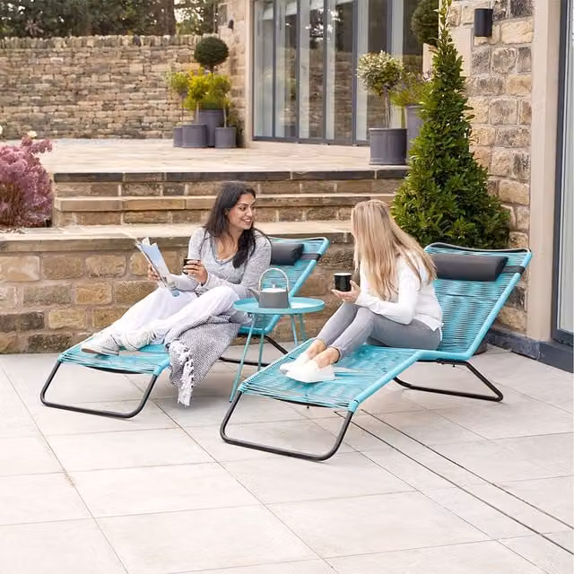 Pacific Lifestyle Set of 2 Rio PU Rattan Sun Loungers in Blue with Adjustable Headrests and Powder Coated Steel Frame