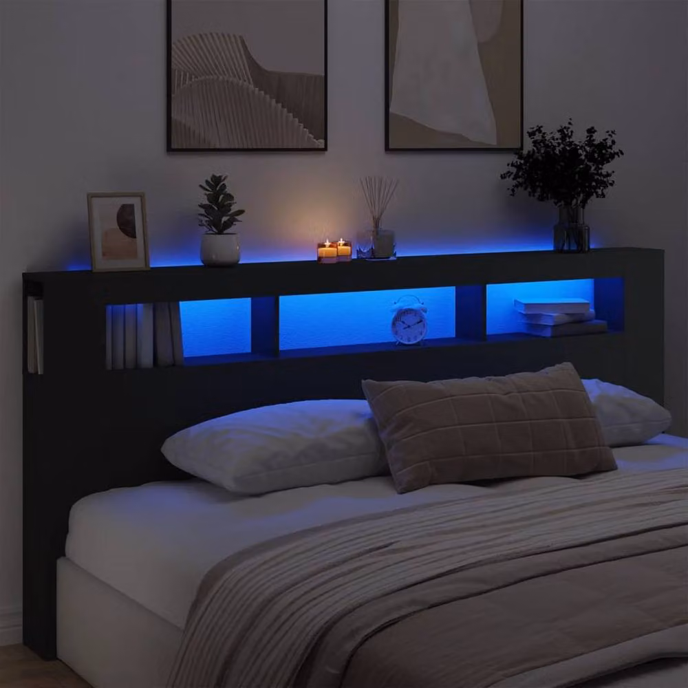 Berkfield Home Black LED Headboard with Integrated Shelf and USB Charging Port, W/D/H: 220 x 18.5 x 103.5 cm – 2