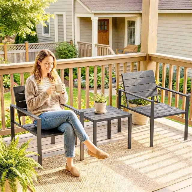 OUTSUNNY 3 Piece Garden Bistro Set with Square Table and 2 Chairs in Matt Dark Grey – 1