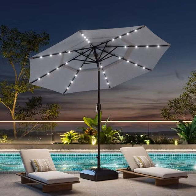Breeins 3 Tier Cantilever Parasol with Lights and Base in Light Grey
