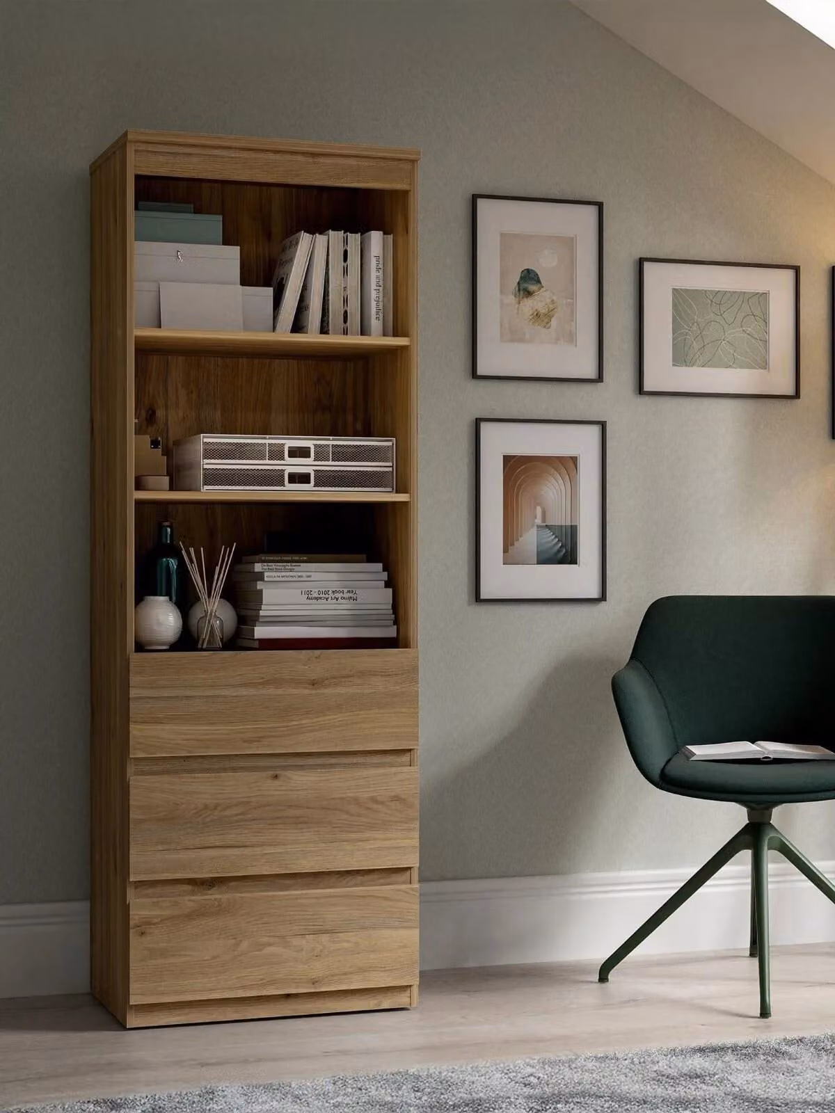 Very Home Lisson 3 Drawer Shelf Unit in Oak Brown, W/D/H: 60.0 x 42.0 x 176.0 cm