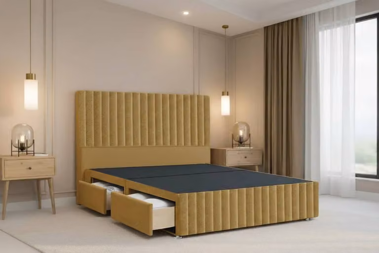 Chester & Oakley Ravello Plush Velvet Divan Bed with 2 Drawers, 12 inch Footboard and 54 inch Headboard, Yellow, W/D/H: 200 x 165.1 x 200 cm