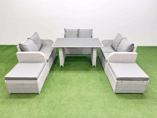 Fimous 8 Seater Rattan Patio Garden Furniture Set with 2 Stools in Light Grey