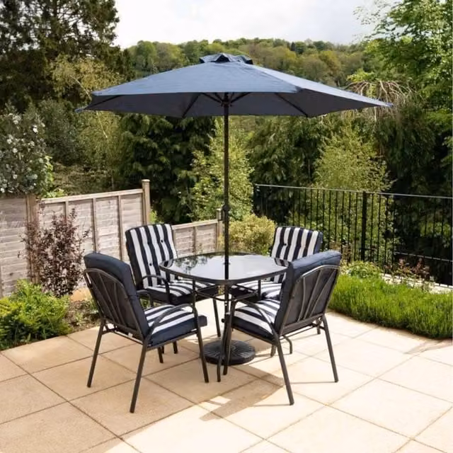 Primrose 4 Seater Garden Furniture Dining Set with Tempered Glass Table and Parasol in Blue