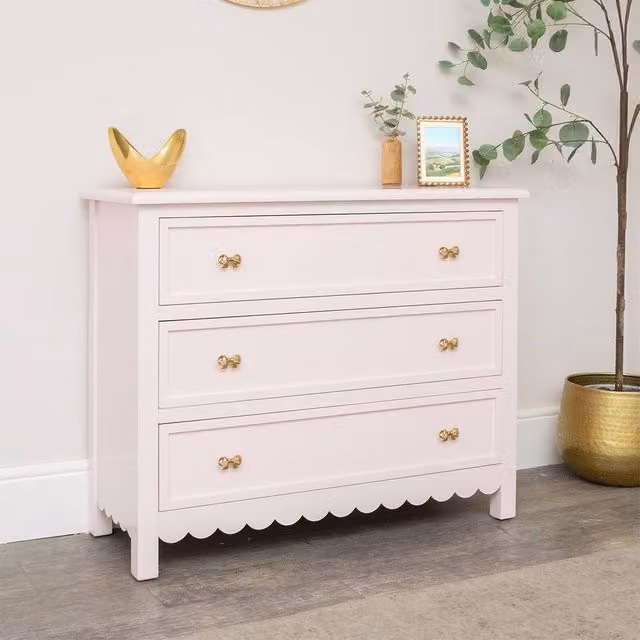 Melody Maison Staunton Pink Large Scalloped 3 Drawer Chest of Drawers in Baby Pink and Gold