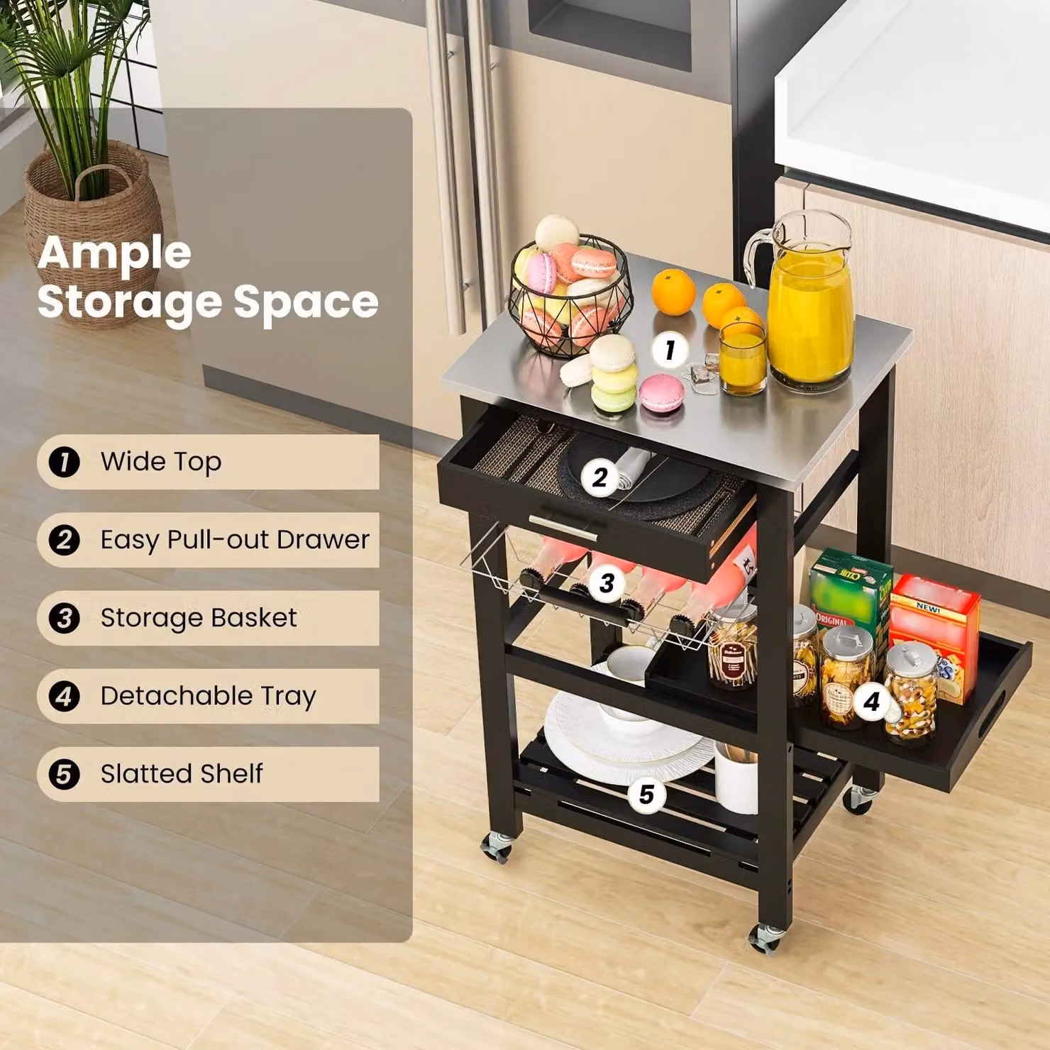 Costway Rolling Kitchen Storage Trolley Cart Cupboard Island in Black – 6