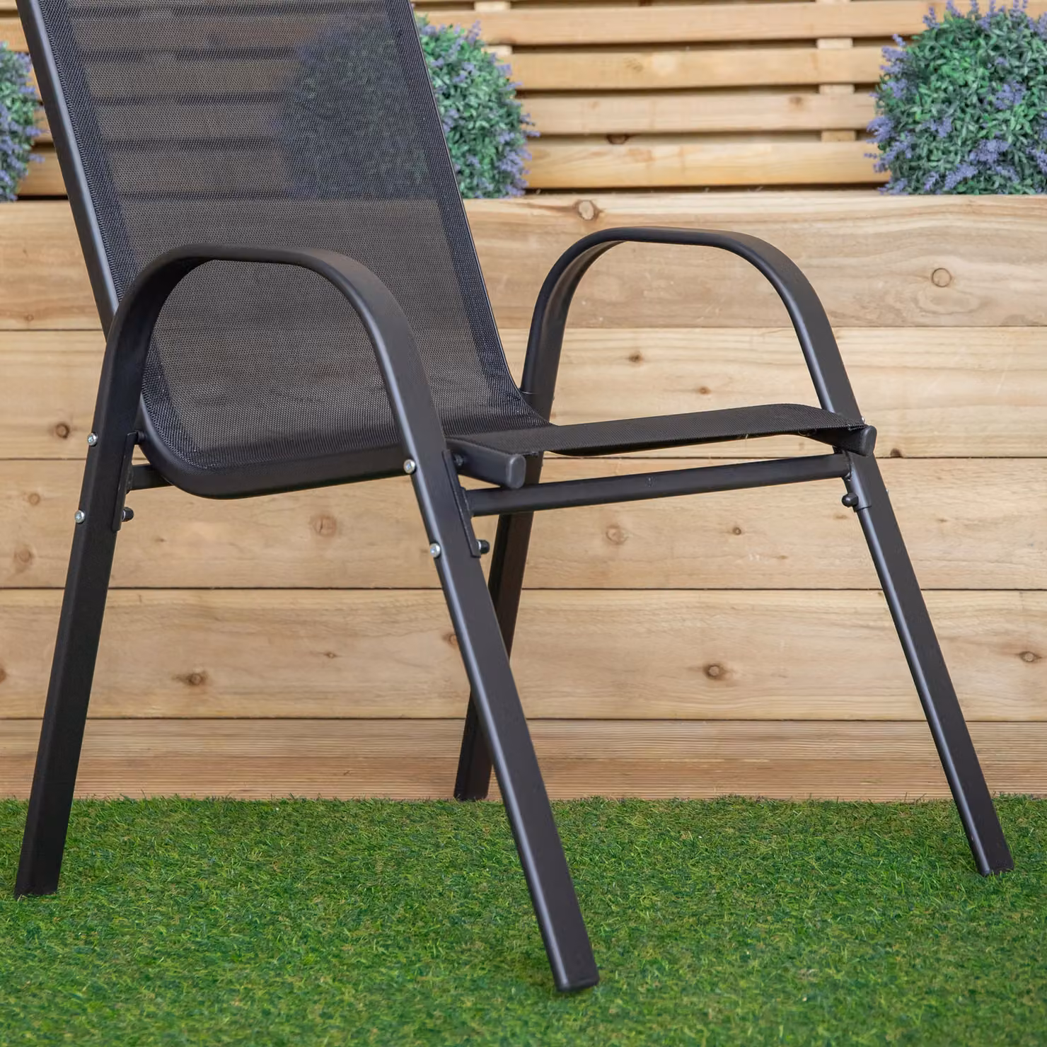 Samuel Alexander Set of 6 Black Textilene and Powder Coated Steel Stackable Outdoor Garden Patio Chairs with Armrests – 3