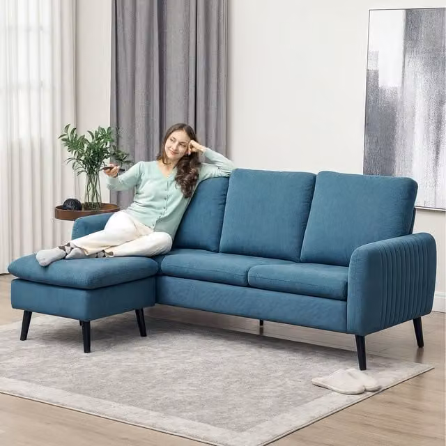 HOMCOM 3 Seater Reversible L-Shape Corner Sofa with Chaise Lounge in Blue Corduroy Fabric