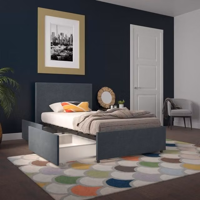 Novogratz Kelly Upholstered Single Bed with Side Compartment Storage in Blue, W/D/H: 90 x 190 cm