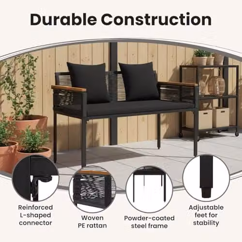 vidaXL 2-Seater Outdoor Bench in Black Poly Rattan with Armrests, W: 117 cm, D: 54 cm, H: 74.5 cm – 6