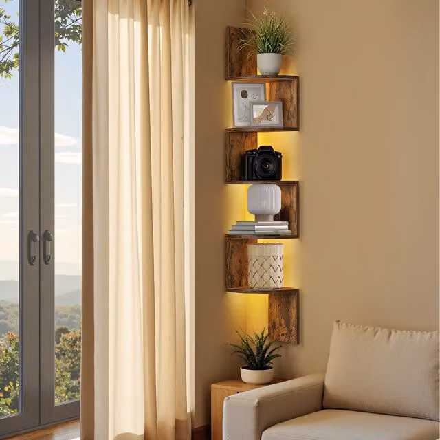 VASAGLE 5-Tier Wall Mounted Corner Shelf with Integrated LED Lights, Brown