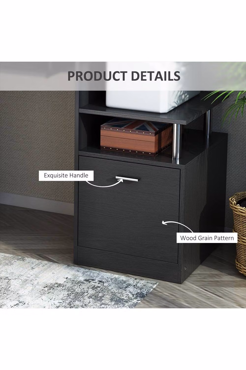 ERGOVEXA Computer Desk with Drawer and CPU Storage, Black and Silver Wood Grain, W/D/H: 120 x 60 x 76 cm – 3