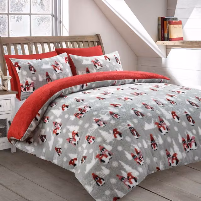 VELOSSO Penguins Teddy Soft Cosy Fleece Duvet Set and Pillowcase, Grey and Red, W: 140 cm, L: 200 cm