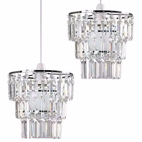 ValueLights Kelsks Modern Silver Chandelier Droplet Ceiling Lamp Shades and LED Bulbs, Set of 2, Shade Width: 23 cm