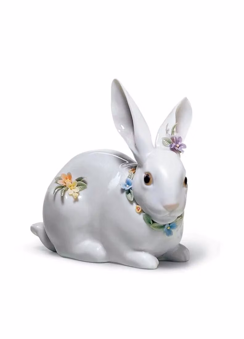 Lladró Attentive Bunny with Flowers White Porcelain Figurine