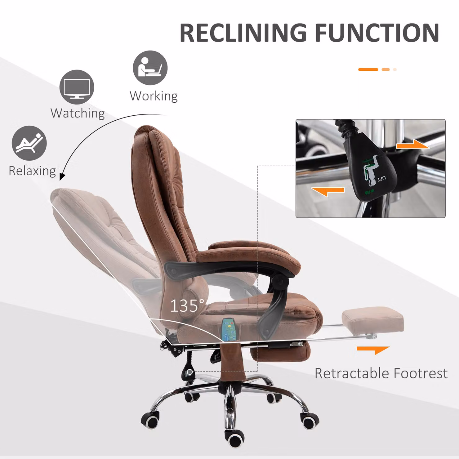 Vinsetto Ergonomic Brown Microfibre Heated Massage Office Chair with Headrest and Armrests – 5