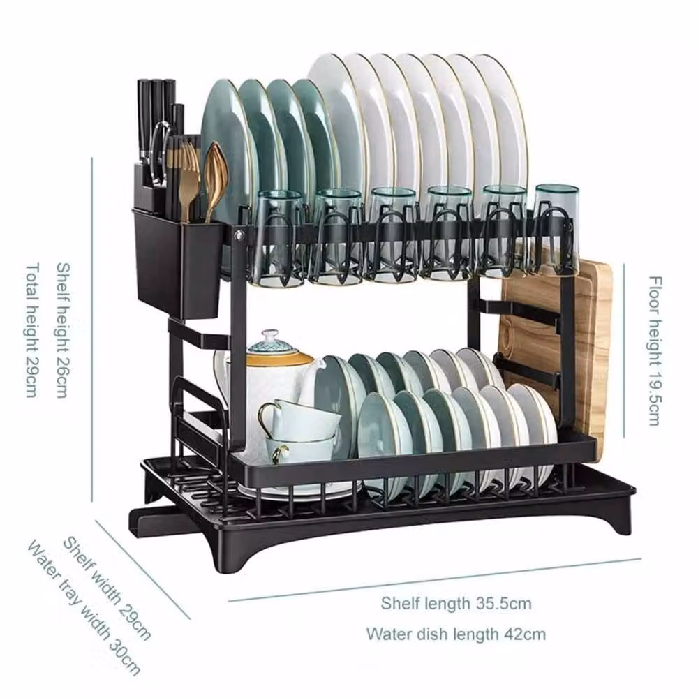 FLAVORA Black 2 Tier Metal Dish Drainer Rack with Drip Tray and Cutlery Holder – 1