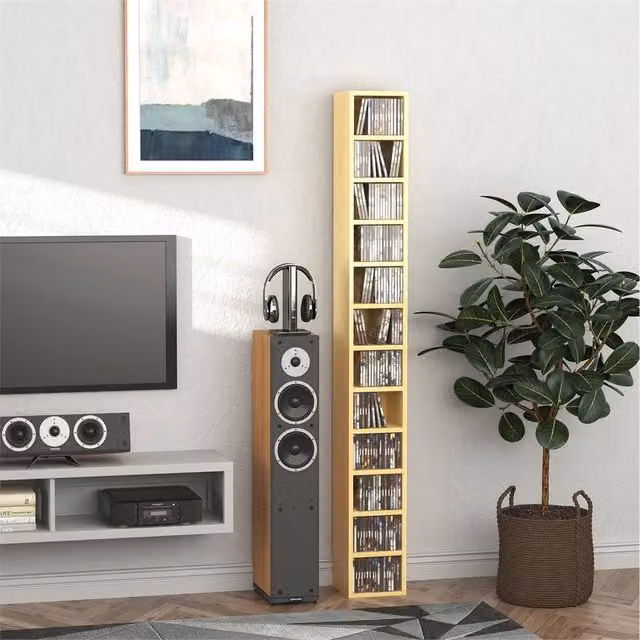 EONLION Light Oak CD Storage Unit with Media Compartments, Brown, Width: 100 cm – 1