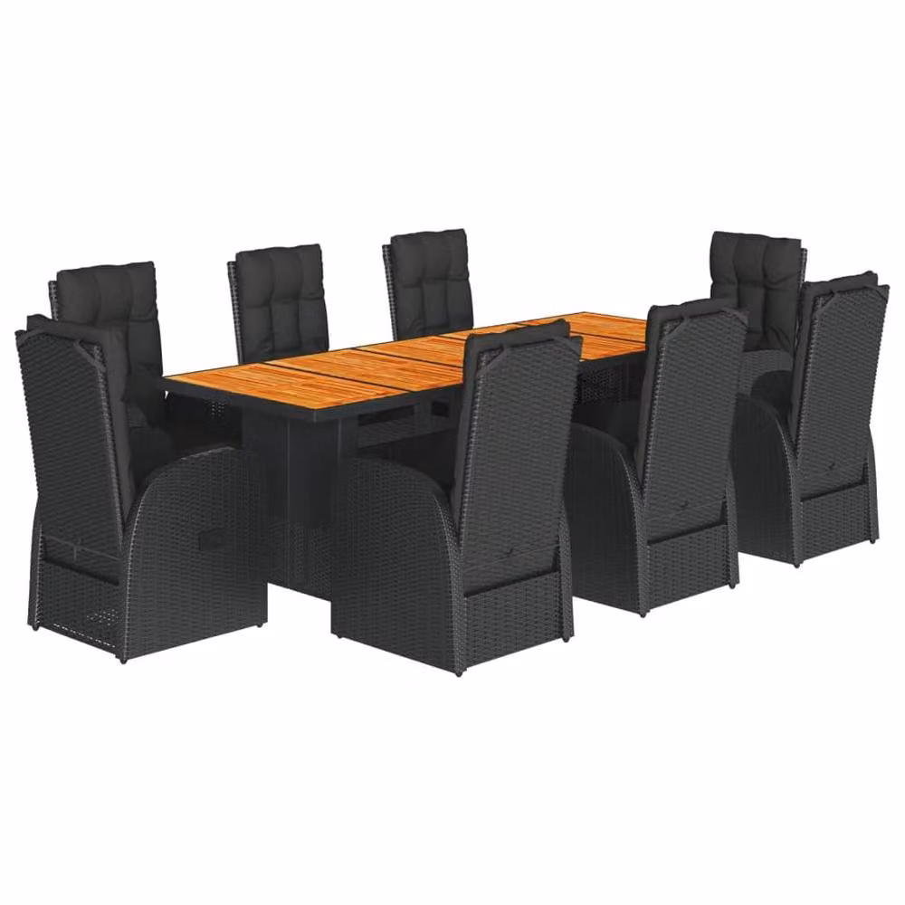 Berkfield Home Beautiful 9 Piece Garden Dining Set with Cushions in Black Poly Rattan and Oiled Acacia Wood – 2