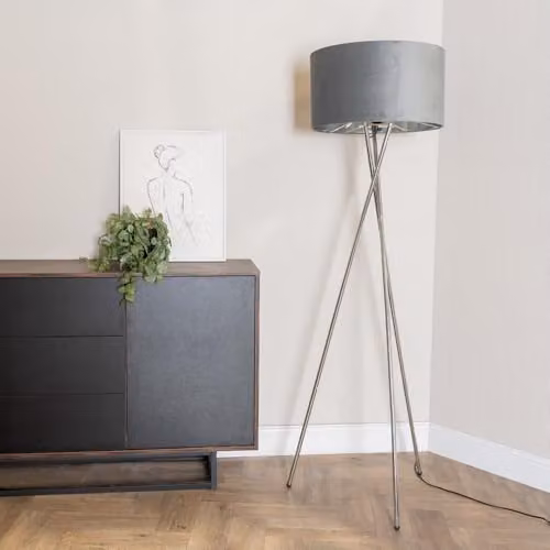 ValueLights Camden Tripod Floor Lamp in Chrome with Grey Fabric and Chrome Inner Shade – 2